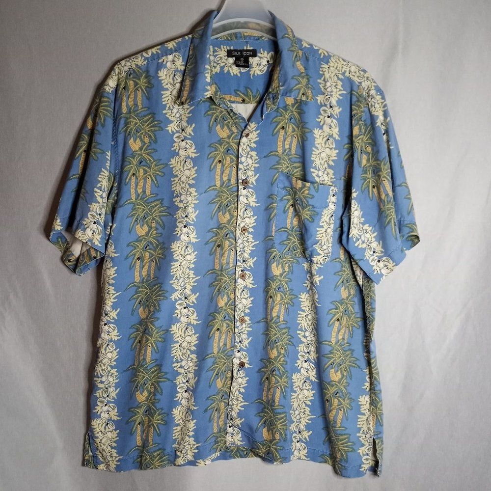 Silk Icon Shirt 100% Silk Men's XL Blue Hawaiian Print Button Down Short Sleeve
